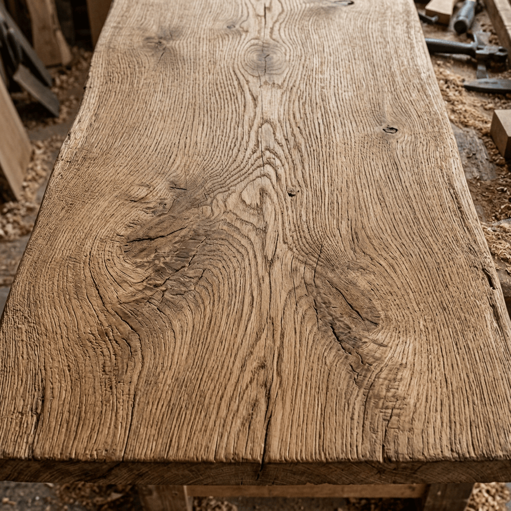 Wide oak slab with prominent grain and knots in a woodworking shop
